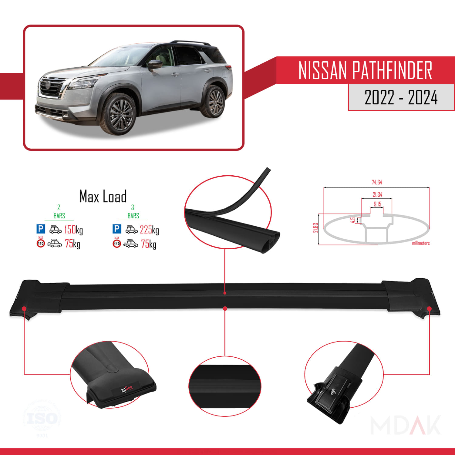 Nissan Pathfinder 2022-2024 Arası ile Uyumlu FLY Model Ara Atkı Tavan Barı Siyah 2 Adet - Görsel 4