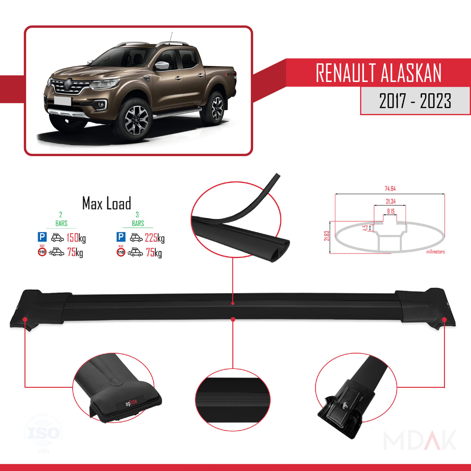 Renault Alaskan 2017-2023 Arası ile Uyumlu FLY Model Ara Atkı Tavan Barı Siyah 2 Adet - Görsel 4