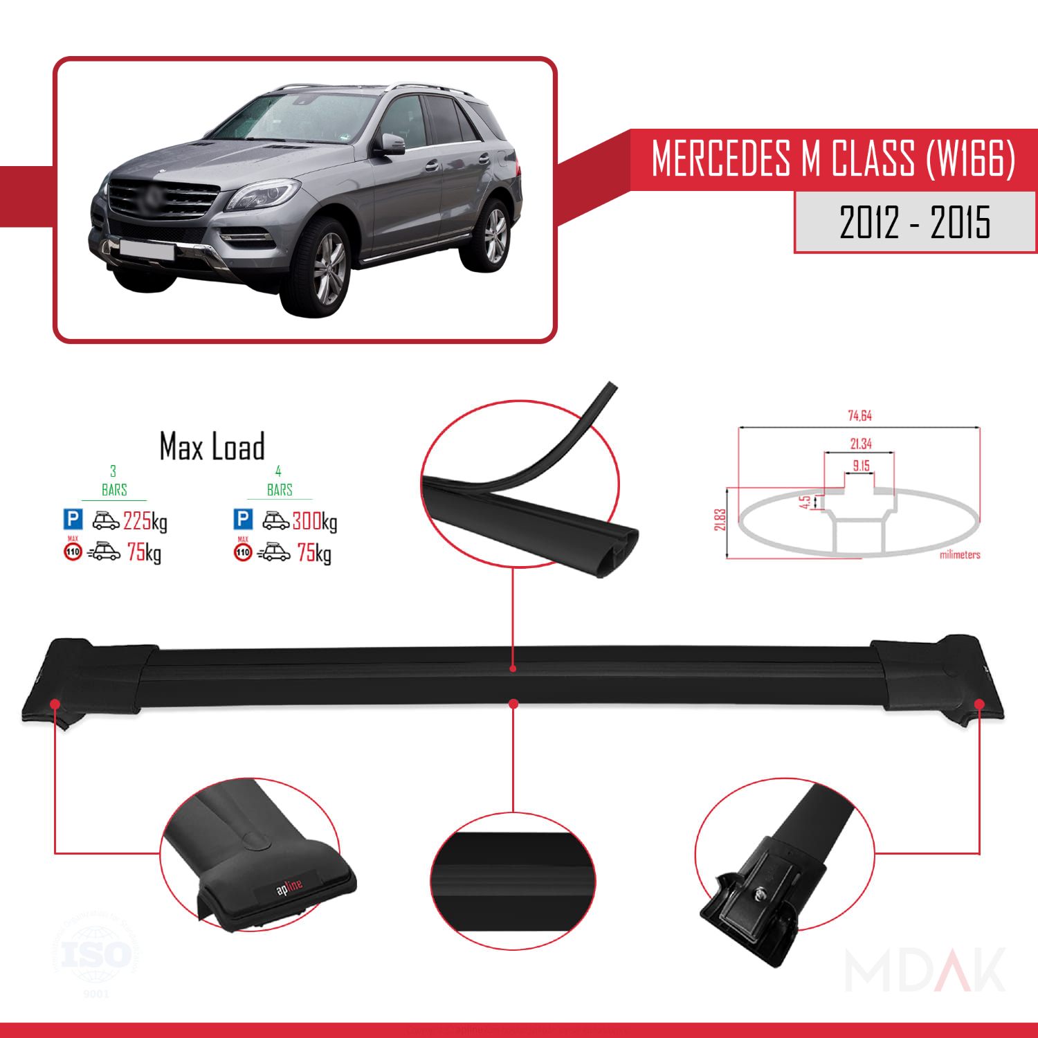 Mercedes M Class 3 (W166) Pre-Facelift 2012-2015 Arası ile Uyumlu FLY Model Ara Atkı Tavan Barı Siyah 3 Adet - Görsel 3