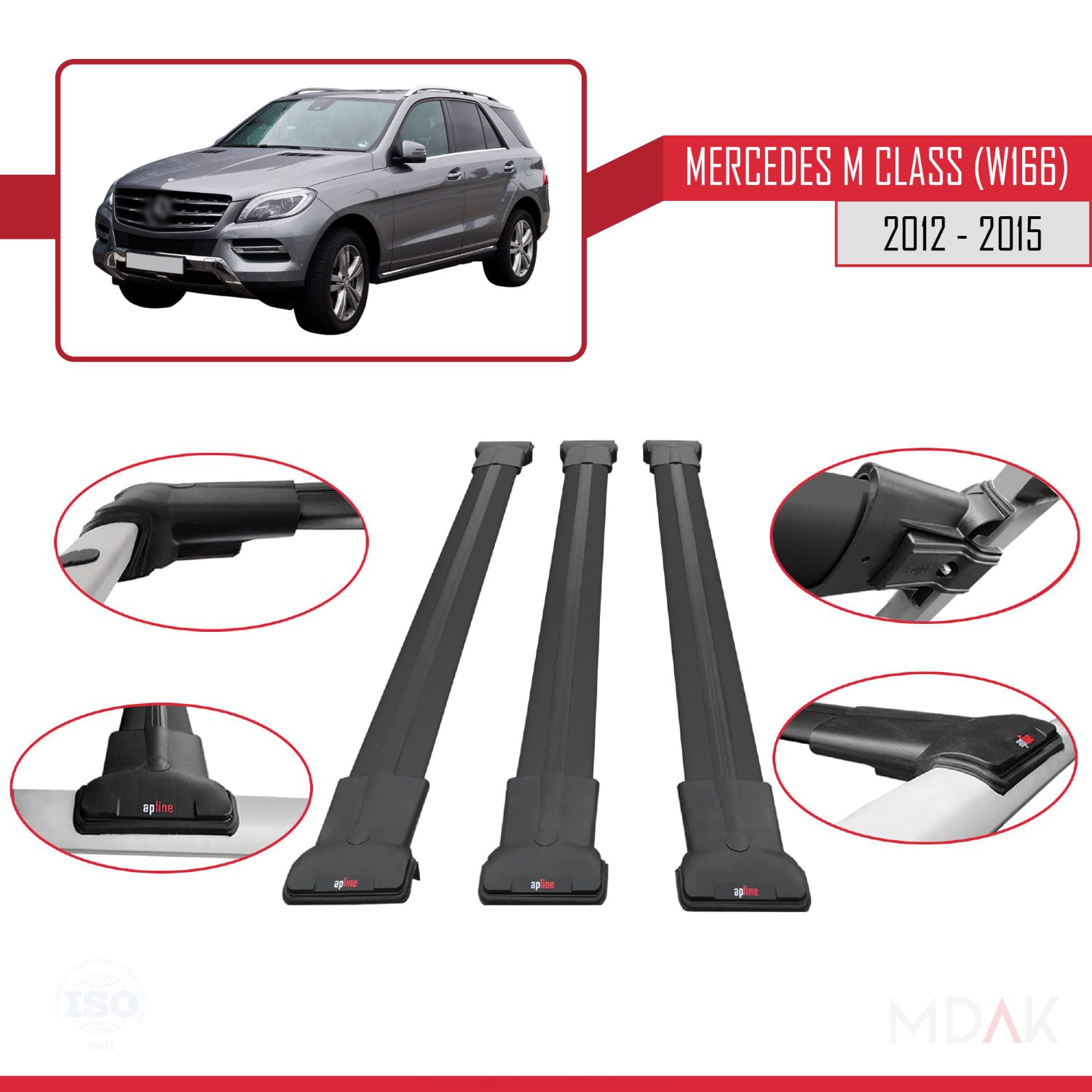Mercedes M Class 3 (W166) Pre-Facelift 2012-2015 Arası ile Uyumlu FLY Model Ara Atkı Tavan Barı Siyah 3 Adet - Görsel 4