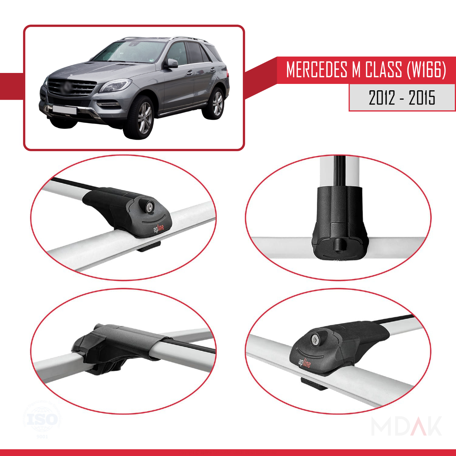 Mercedes M Class 3 (W166) Pre-Facelift 2012-2015 Arası ile Uyumlu ACE-1 Ara Atkı Tavan Barı Gri 2 Adet - Görsel 4