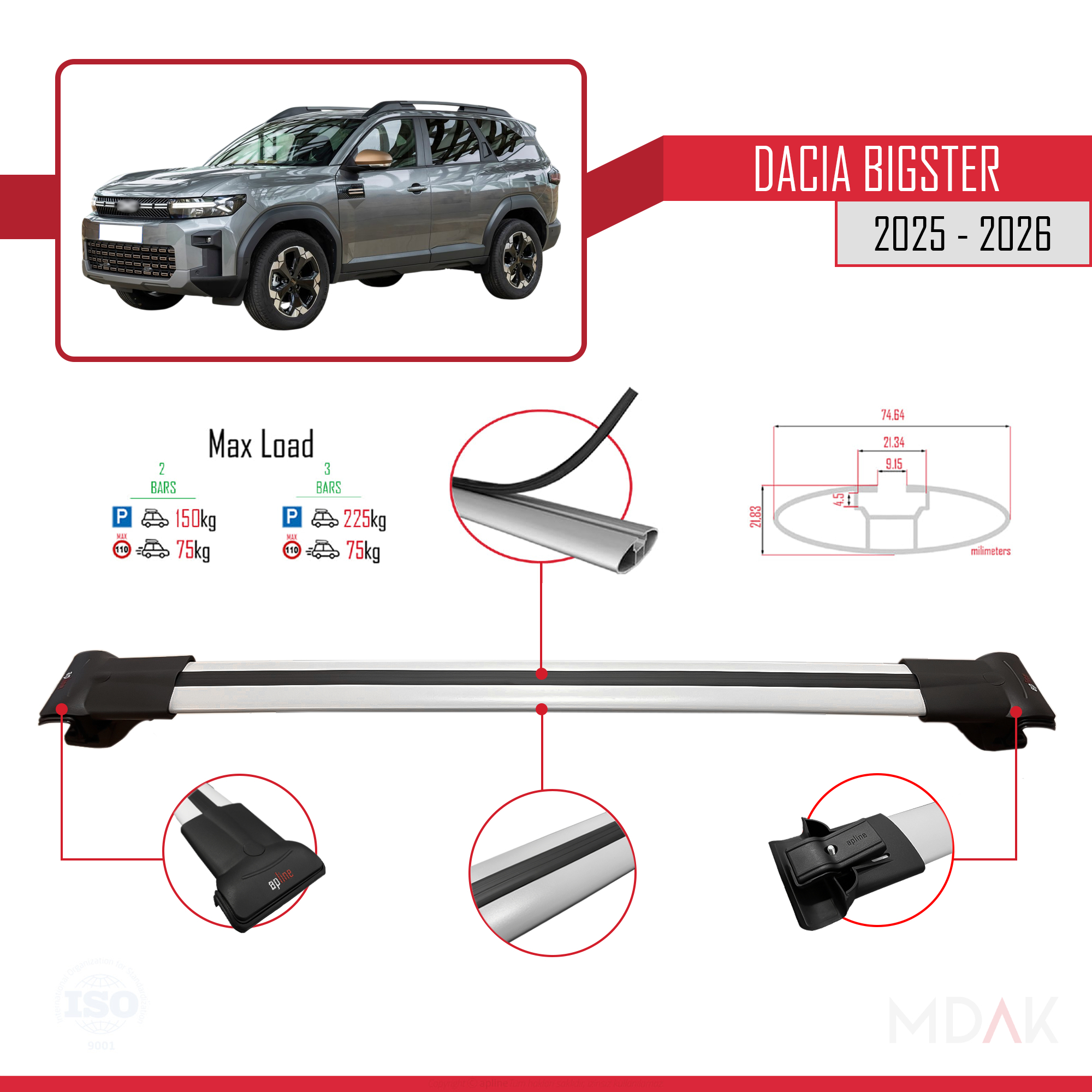 Dacia Bigster 2025 ve Sonrası ile Uyumlu FLY Model Ara Atkı Tavan Barı Gri 2 Adet - Görsel 4