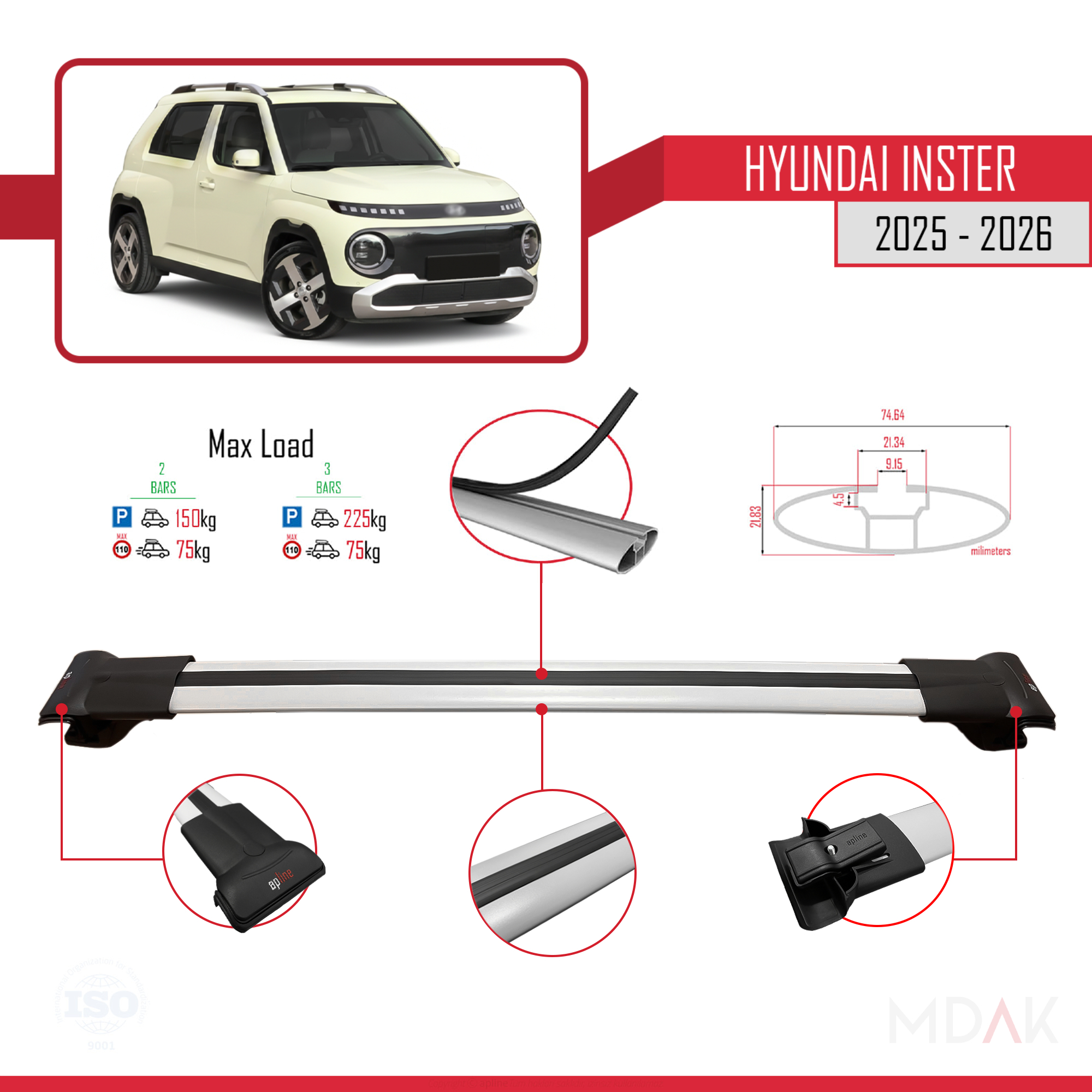 Hyundai Inster 2025 ve Sonrası ile Uyumlu FLY Model Ara Atkı Tavan Barı Gri 2 Adet - Görsel 4