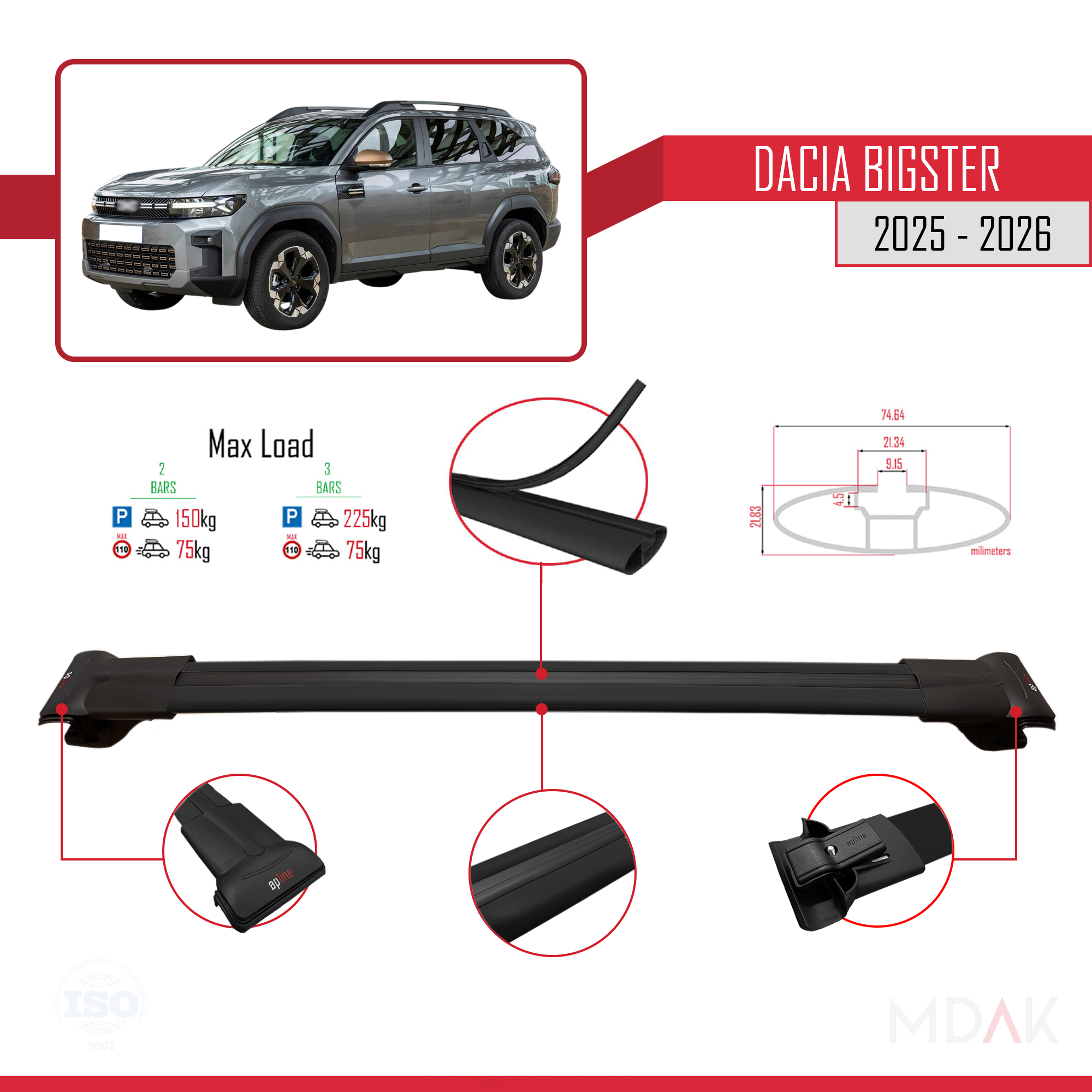 Dacia Bigster 2025 ve Sonrası ile Uyumlu FLY Model Ara Atkı Tavan Barı Siyah 3 Adet - Görsel 4